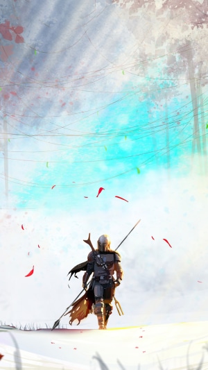 The Mandalorian walking through a forest