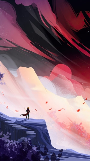 Artwork of a person standing on a mountain path