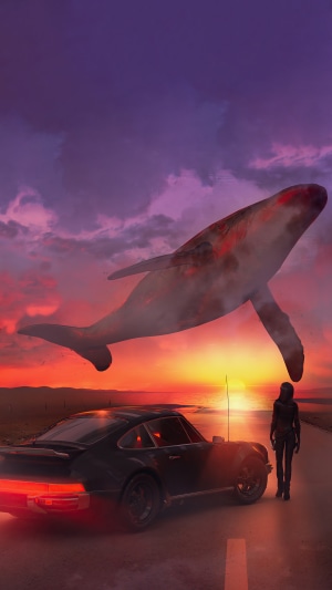 Surreal scene with a whale flying over a car and a person
