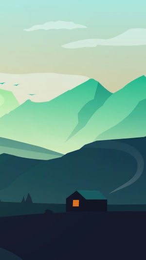 Minimalist digital art of a hut in mountains
