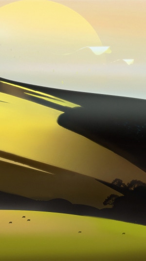 Digital art of a sunlit landscape with rolling hills