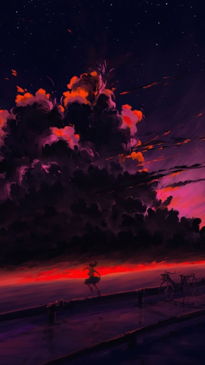 Anime girl running on a bridge at sunset