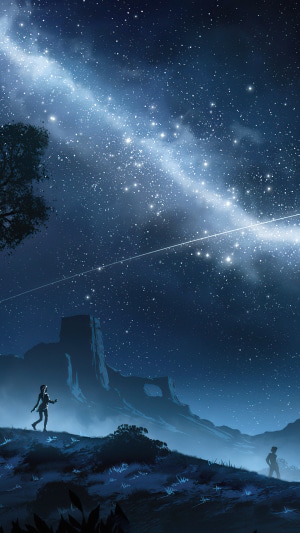 Digital art of a starry night sky over a landscape