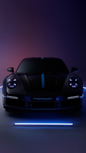 Black Porsche 911 with blue stripes