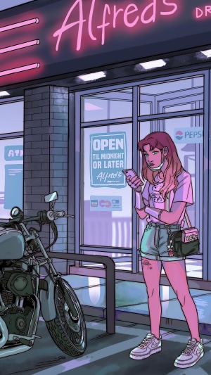 Girl with phone at Alfred's Drive-In