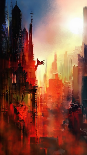 Batman in a burning city artwork 4K