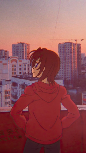 Anime girl in red hoodie looking at city skyline