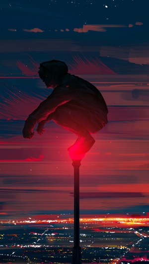 Man squatting on a lamppost overlooking city lights