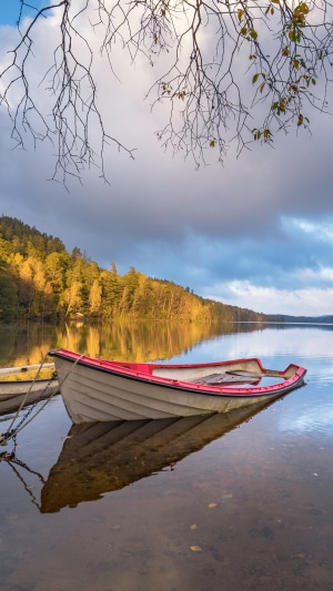 Boat on a lake with autumn trees