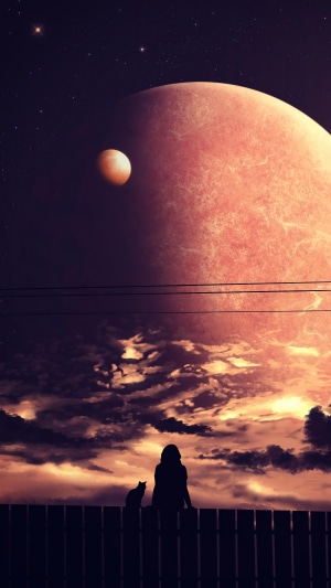 Girl and cat watching planets in space