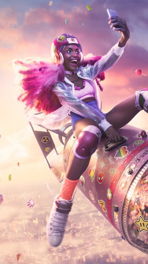 Woman on a bomb with pink hair taking a selfie