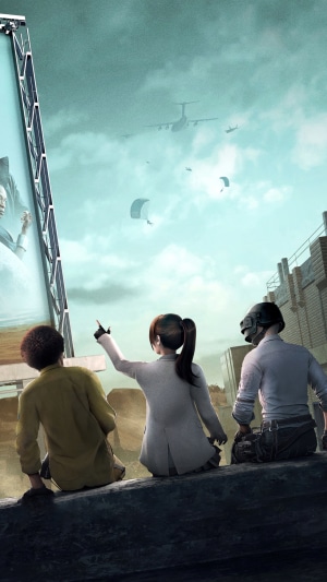 PUBG characters watch planes and parachuters descend