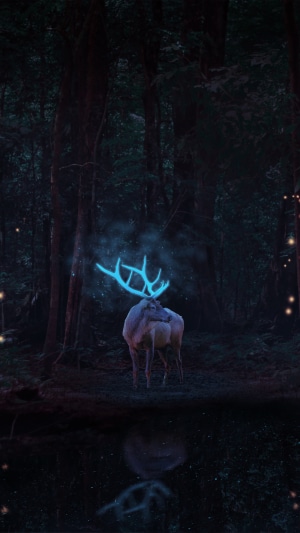 Digital art of a deer with glowing antlers in a forest