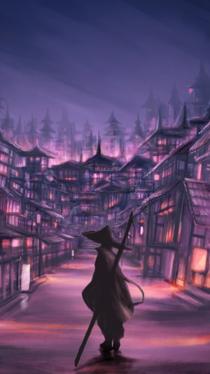 Samurai walking through a Japanese village at night