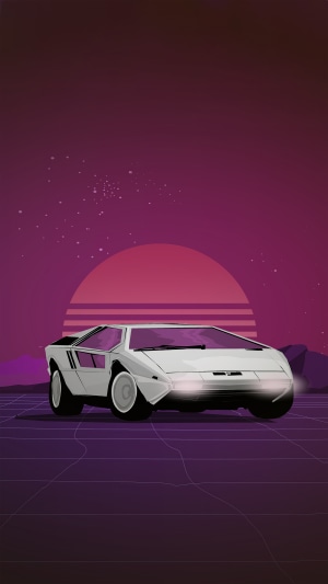 White Maserati Boomerang on a Synthwave Grid