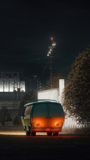 Scooby-Doo Mystery Machine van at night