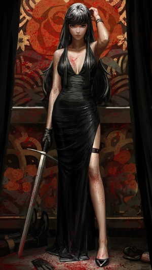 Woman in black dress with sword and blood