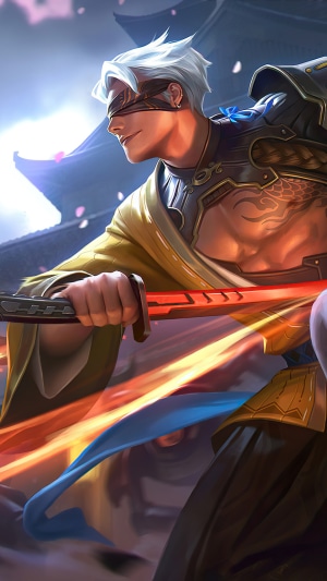 Blindfolded warrior with glowing sword