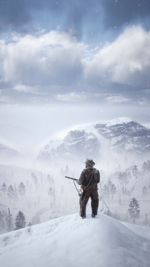 Man with rifle in snowy mountains, Red Dead Redemption 2
