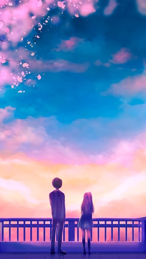 Anime Couple Watching Sunset with Cherry Blossoms