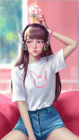 D.Va from Overwatch with a drink