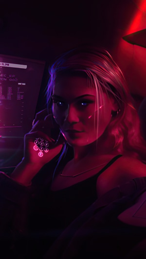 Cyberpunk woman with glowing eyes on phone