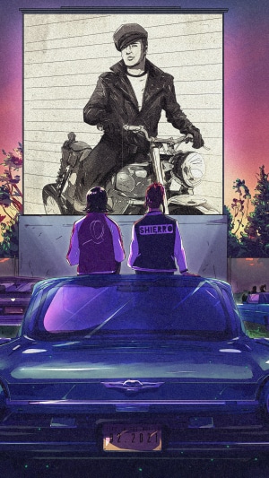 Drive-in movie with couple watching Marlon Brando on screen
