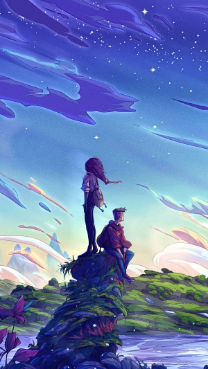 Two figures on a rocky outcrop under a starry sky
