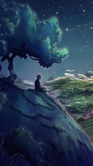 Man meditating under a tree at night