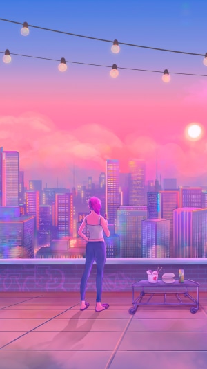 Woman on rooftop overlooking city at sunset 4K