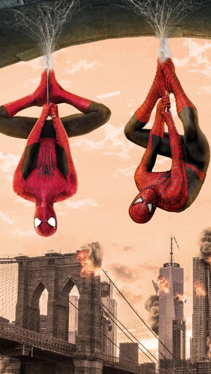 Spider-Man from Into the Spider-Verse hanging from Brooklyn Bridge