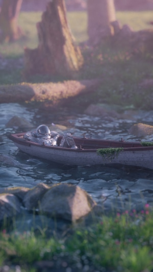 Astronaut in a boat on a river