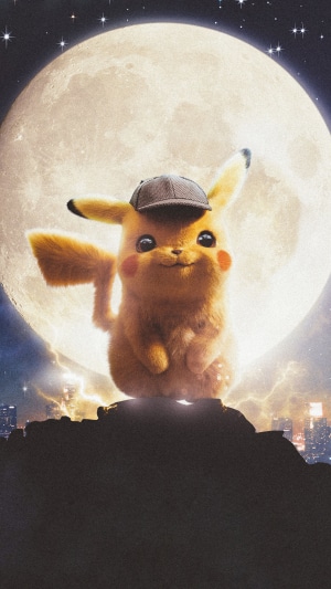 Detective Pikachu in front of a full moon