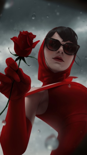 Artwork of a woman in red holding a rose