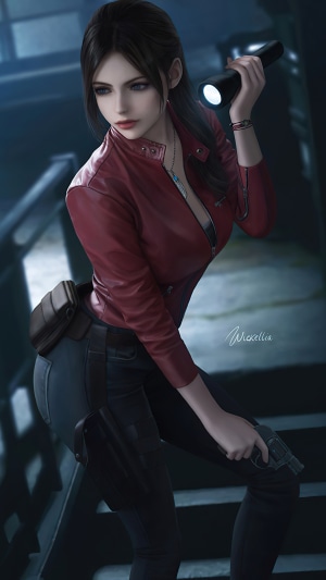 Claire Redfield from Resident Evil 3 holding a flashlight and gun