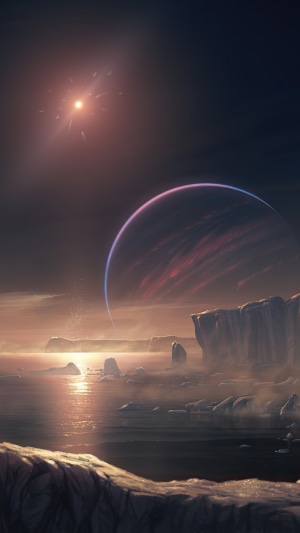 Alien planet with a large ringed planet in the sky