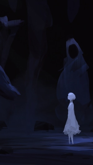 Ghostly figure and a girl in a dark cave