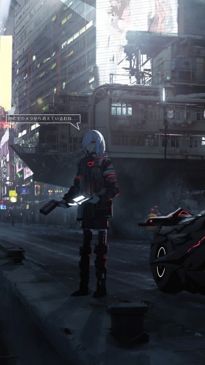 Anime girl with gun in futuristic city
