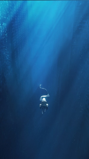 Artwork of a person floating in deep blue water