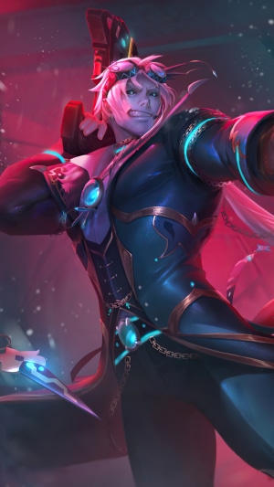 Character with pink hair and goggles holding a weapon