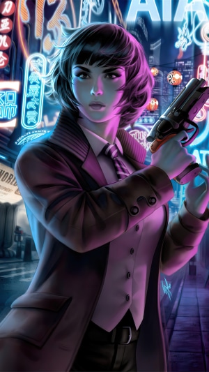 Artwork of a woman with a gun in a neon city
