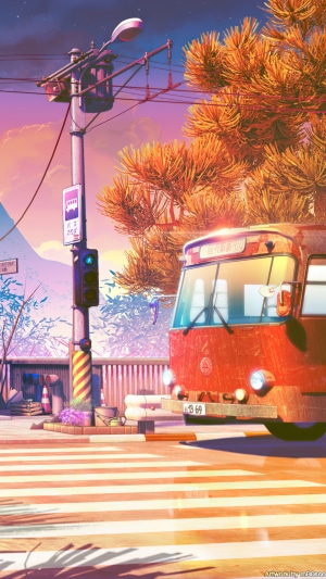 Red bus at a bus stop with autumn trees