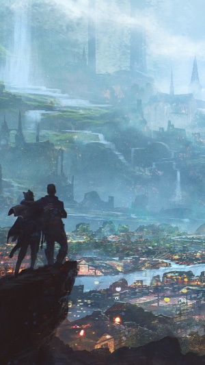 Fantasy Cityscape with Two Figures on a Cliff