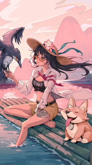 Anime girl with bird and dog on a raft