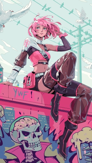 Anime girl with pink hair sitting on a wall