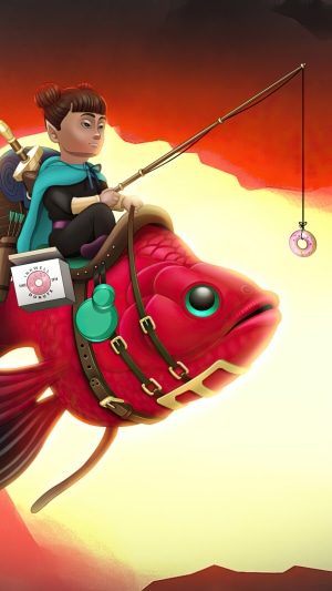Girl fishing from a giant red fish