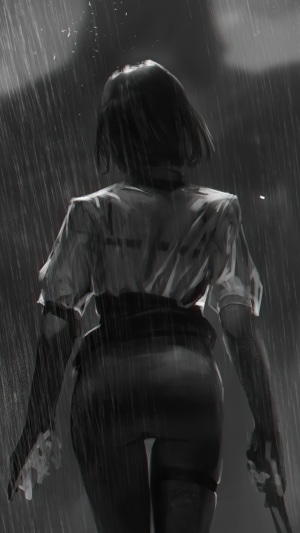 Artwork of a warrior in the rain