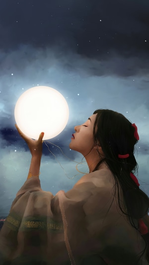Artwork of a woman holding a glowing orb under a starry sky