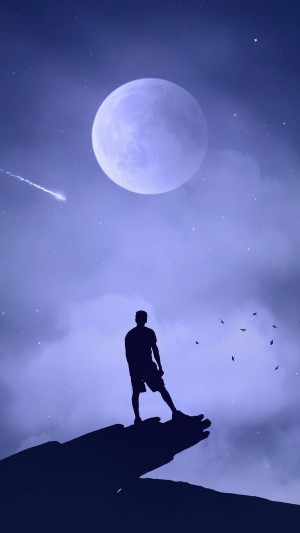 Silhouette of a person on a cliff under the moon