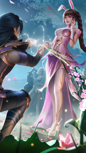 Couple holding hands with bunny ears and lotus flowers